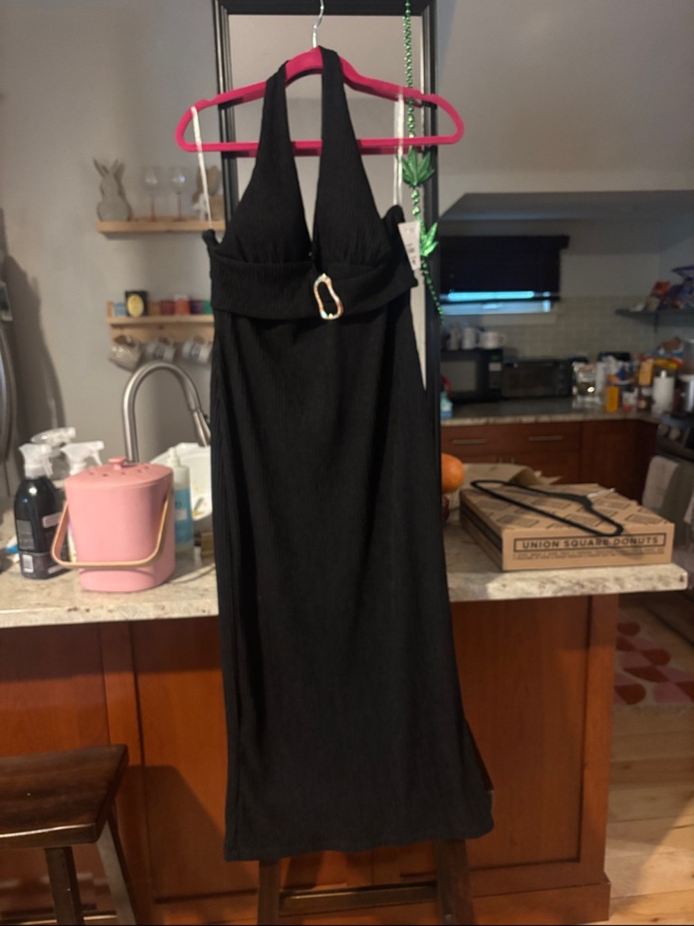 Black Halter Midi Dress with Gold Accent - Women